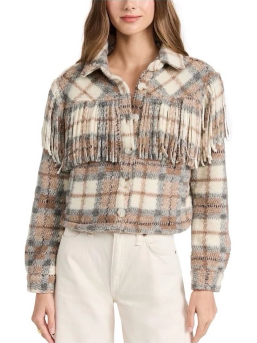 Blank NYC Cream, Taupe & Gray Plaid Fringe Button-Down
